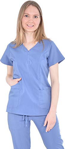 Marilyn Monroe Zip Neck Stretch Medical Scrub Top with Four Pockets, Ceil Blue, XL