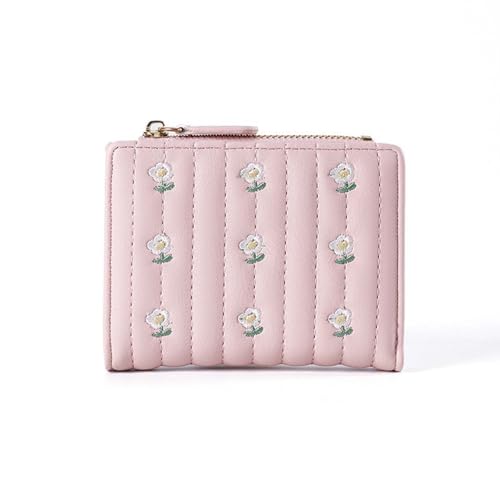 Embroidery Flower Woman Wallet with 5 Card Slots and Coin Pocket, Small Womens Purses Coin Purse with ID Window, Minimalist Woman Small Wallet for Organize Cards, Cash (Flower, Pink)
