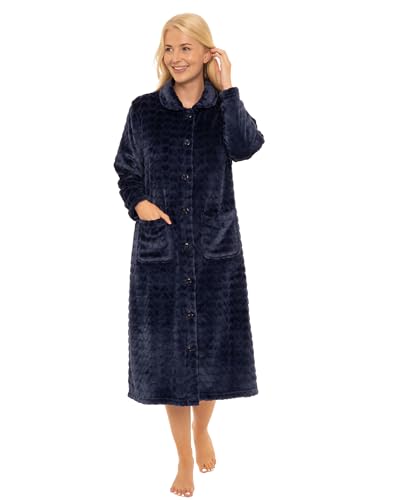 Suzy & Me Ladies Button Through Soft Embossed Fleece Dressing Gown (Navy 28-30) - 3