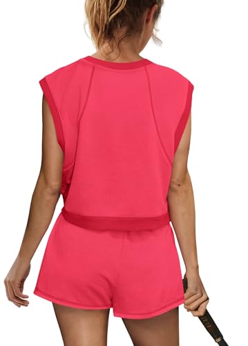 SENSERISE Womens Two Piece Workout Sets Matching Sweat Sets Summer Outfits Oversized Crop Tank Top and Shorts4