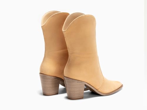 Coutgo Womens Cowboy Mid Calf Boots Chunky Block Heel Pointed Toe Suede Western Cowgirl Boots3