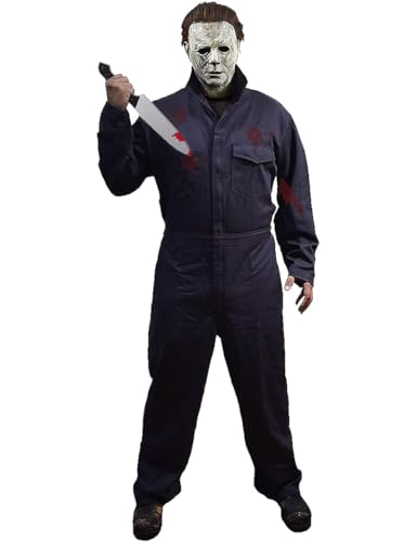 Geplaimir Disfraz de asesino de Halloween para adultos, 2 piezas, disfraz de Halloween, cuchillo manchado de sangre, disfraz de horror, cosplay, juego para Halloween, mono de trabajo, mono azul