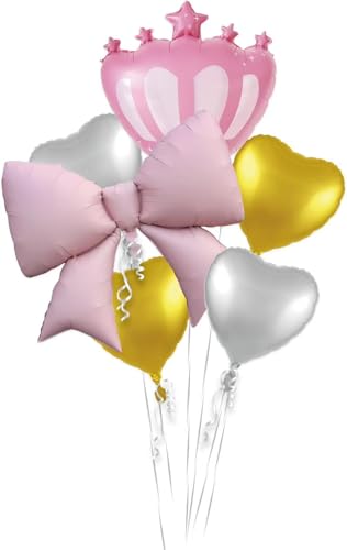 Image of Princess Crown Foil Balloons, Pink Gold Silver, Heart and Star Shapes, 6 Count Party Decoration Set