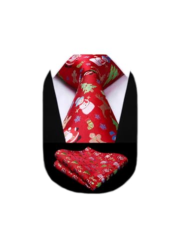 HISDERN Rot Weihnachts Krawatte für Herren Weihnachtsmann Schneemann Muster Xmas Party Festlich Krawatten & Einstecktuch Set Mode
