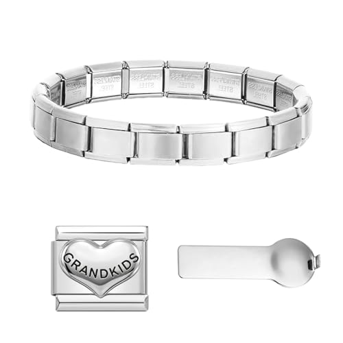 Kit de Inicio Pulsera Italiana 3-en-1, Pulsera de Eslabones de Acero Inoxidable Dorado de 9mm con Charms & Herramienta de Extracción, Compatible con Charms Italianos (GRANDKIDS)
