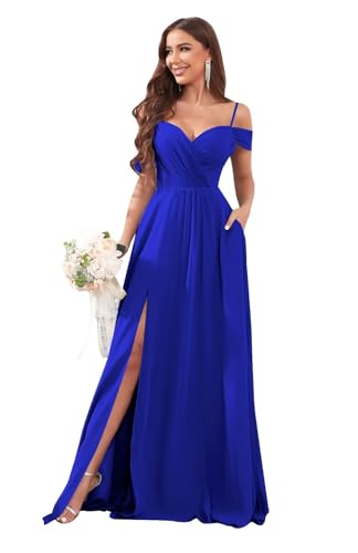 Image of Sukleet Women's Off Shoulder Bridesmaid Dresses Long Slit Chiffon Pleated Evening Formal Dress with Pockets