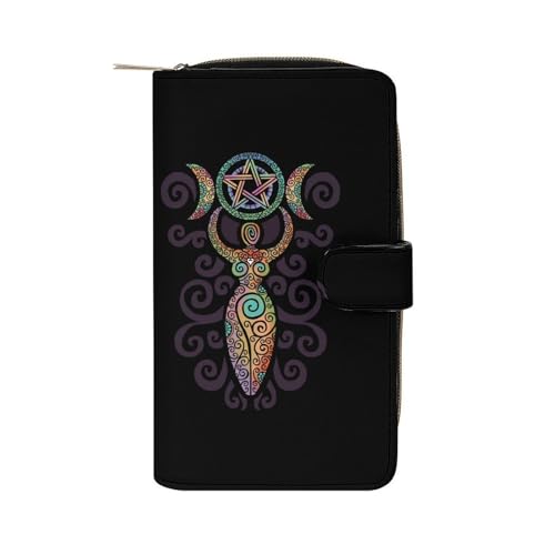 Wicca Wiccan Triple Moon Gaia Pattern Leather Wallets Large Capacity Zipper Pocket Card Holder with ID Window