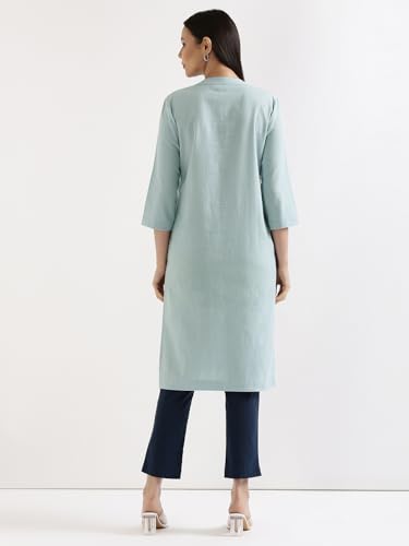 Image of SAADAA Women's Linen Straight Fit Straight Long Kurta Airy Plain Kurta, 3 /4 Sleeve, Knee Length Kurtis with Pockets, Casual and Office Wear