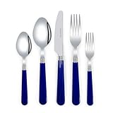Thickened Plastic Handle Kitchen Stainless Steel Silverware Tableware Flatware Cutlery Set Steak Knife Fork Spoon Tea spoon (Blue,5 pieces)