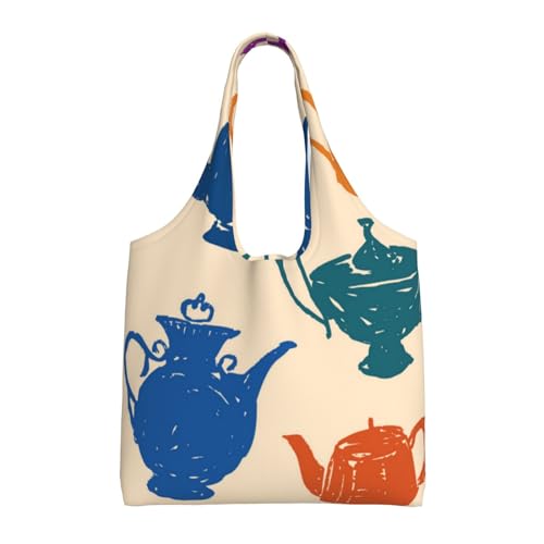 BEEOFICEPENG Shoulder Bag, Large Canvas Tote Bag Tote Purse Casual Handbag Reusable Shopping Bags,Tea Pots Pattern