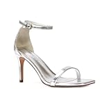 ESSEX GLAM Women's Ankle Strap Sandals Ladies Square Toe Silver Metallic Stiletto Mid High Heel Evening Party Shoes Size 8