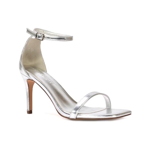 Image of ESSEX GLAM Women's Ankle Strap Sandals Ladies Square Toe Silver Metallic Stiletto Mid High Heel Evening Party Shoes Size 6