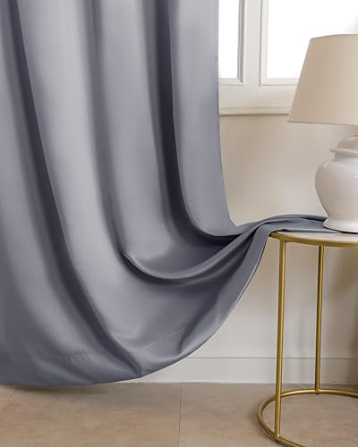 Image of The Home Story Smoke Grey Blackout Eyelet Window Curtains Set of 2, (5 Feet) 54 x 60 Inches, Room Darkening & Noise Reduction Curtains with Tiebacks