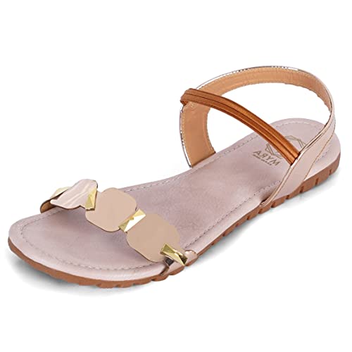 MYRA Women's Beige Metallic Stone Toe-strap Ankle-wrap Flat Sandals - 7 UK