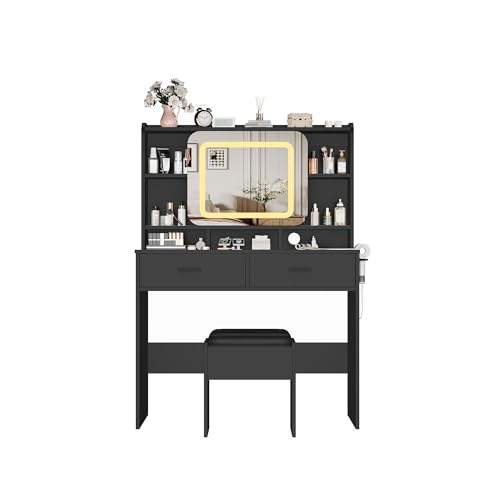 Image of Vanity Desk with Sliding Mirror, Modern Makeup Vanity with Charging Station, 2 Drawer and Soft Cushioned Stool, 3 Lighting Modes Adjustable Dressing Table for Bedroom, Makeup Studio, Black