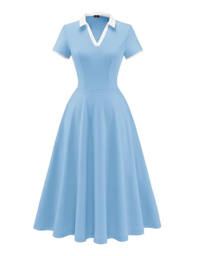 Dressystar Women V Neck 1950s Vintage Short Sleeves Dress Retro A Line Swing Rockabilly Cocktail Party Dresses with Pockets Blue L