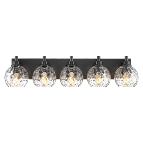 Image of 5-Light Black Bathroom Vanity Light, Hammered Glass Globe Shade | 32 Inch matte black modern bathroom light fixture over mirror, UL listed, E26 bulbs, hardwired, upward only, VL200-MB-CL-5