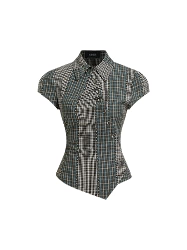 CIDER Women Asymmetrical Button Shirt Plaid Short Sleeve Gingham Collar Neck Two Tone Patched Tops