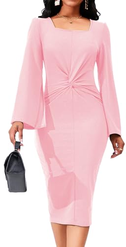 Image of Dresses for Women Elegant Long Sleeves Ruffles Pencil Knee Length Split Business Dress with Belt Zipper