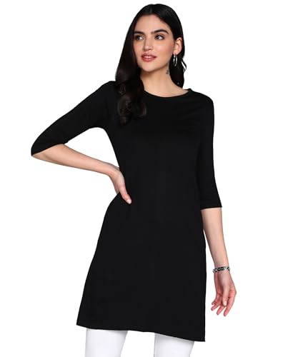 Image of FLEXIMAA Women's Cotton Plain Round Neck 3 /4 Sleeve Long Top