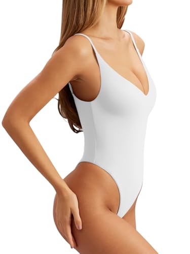 REORIA Women’s Sexy Trendy Open Back V Neck Spaghetti Strap Backless Trendy Cami Bodysuit Tops4