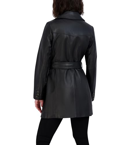 Image of TAHARI Women's Genuine Lambskin Leather Trench Coat With Notch Collar, Button Closure & Tie Belt