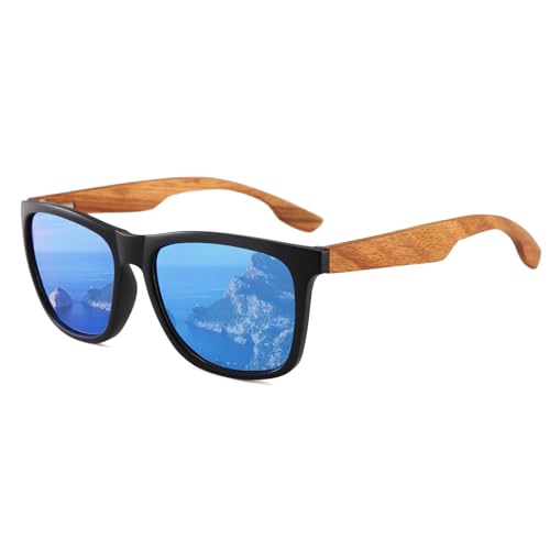 Long Keeper Classic Wood Sunglasses for Men Women Retro Black Sunglasses Wooden Arms Mirrored Sun Glasses UV400 Dark Shades