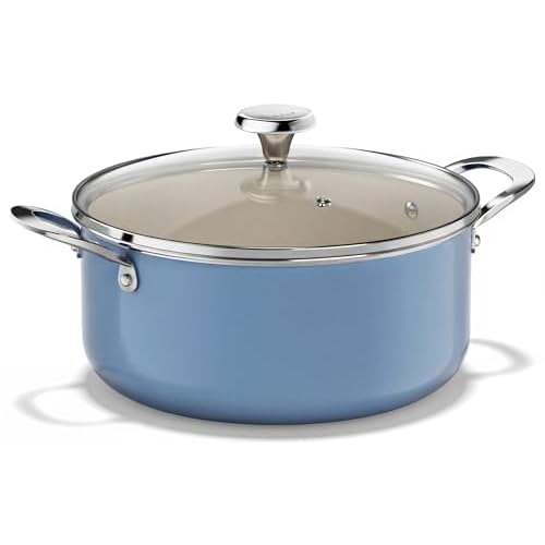 Redchef Ceramic Stock Pot, Induction Cooking Pot with Glass Lid for Soup, 5Qt Stockpot Nonstick Soup Pot, Even Heating, Stay-Cool Handles,Fits All Stoves, Oven/Dishwasher Safe, PFAS Free (Bl