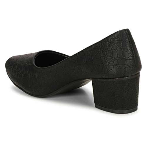 Women's Chunky Low Block Heel Pumps Shoes | Synthetic Textured Pointed Toe Dress Shoes | Closed Toe, Slip On Comfortable 2-Inch Heel for Office, Casual, and Party Wear (5, Black)3