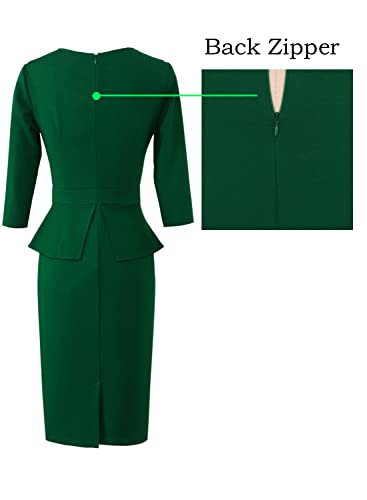 Image of VFSHOW Womens Pleated Crew Neck Peplum Slim Work Business Dress Elegant 3 /4 Sleeves Office Church Bodycon Pencil Sheath Dress