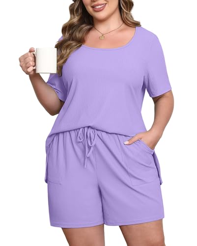 Image of Womens Plus Size Pajama Sets 2 Piece Summer Outfits Short Sleeve Tops Shorts with Pockets for Lounge Sleepwear