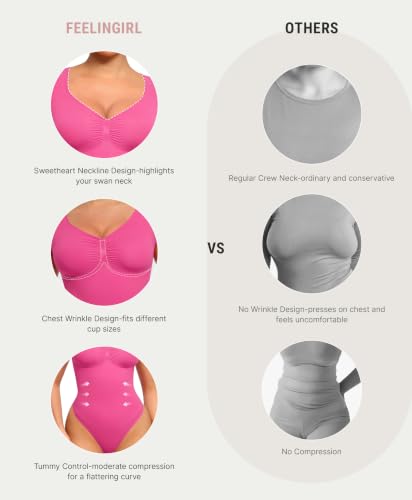 Image of FeelinGirl Short Sleeve Shapewear Bodysuit for Women V Neck Tummy Control | Sweetheart Neckline, Seamless, Going Out Tops, Thong, Plus Size, Soft