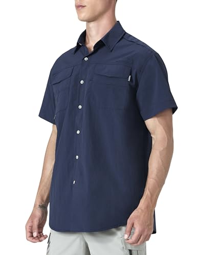 Mens Short Sleeve Fishing Shirts UPF 50+ Sun Potection UV Shirts Button Down for Work Navy