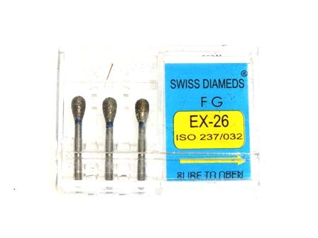 ADDLER DENTAL DIAMOND BUR EX 26 HEAD SIZE 3.2 MM FG AIR ROTOR SWISS DIA PREMIUM BURS. EXCELLENT DIAMOND GRAINS FOR HIGH SPEED ROTOR. PACK OF 3 BURS