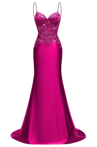HPPEE Vestido de fiesta de satén con tirantes delgados para mujer, con apliques de encaje, sin mangas, vestido formal de noche, fucsia, 46