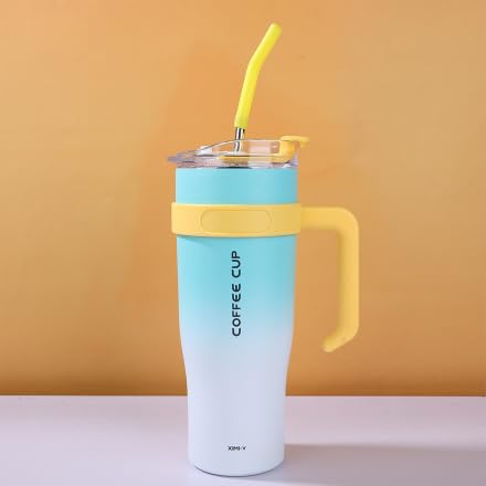 Image of MOOKA 1200ML Stainless Steel Tumbler Hot and Cold with Handle and Lid 2 Straw, Double Insulated Cup 100% Leak Proof Mug Cupholder for Gym, Travelling (Blue White)