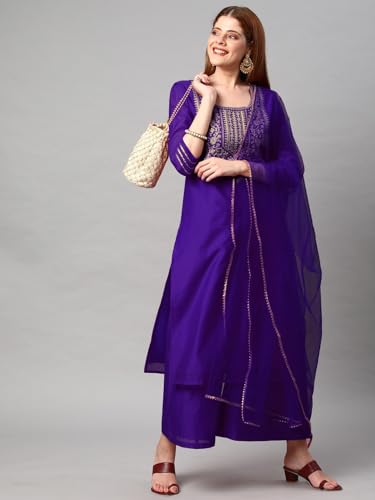 Image of GoSriKi Women's Cotton Blend Solid Straight Kurta with Palazzos & Dupatta (DHARAN)
