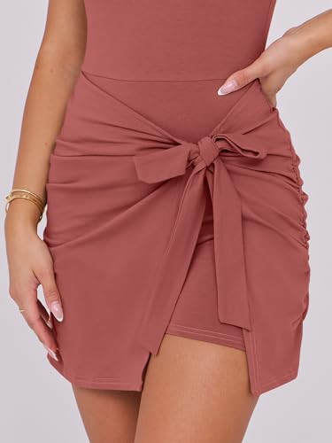 Image of Caracilia Women Summer Sleeveless Bodycon Tie Cinched Waist Romper Skort Mini Dress Built in Shorts Night Out Vacation Dress