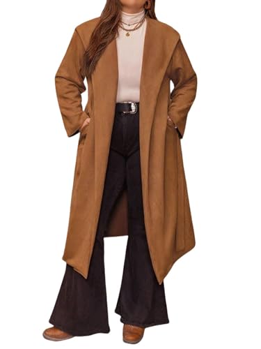 utcoco Women's Plus Size Hooded Trench Coat Faux Suede Long Wrap Coat Elegant Belted Fall Winter Outwear