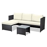 Kingshouse Set de Muebles de Mimbre Negro para Patio y Jardín con Sillón Lounge Derecho Sofá 2 Plazas, Mesa Central con...