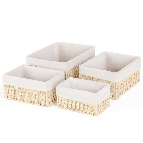 Otauoaea Set de 4 Cestas de Almacenaje con Forro, Cestas Tejidas de Mimbre y Yute Apilables para Baño y Cocina   Organizadores Rectangulares para Decoración del Hogar(Beige)