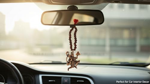 AFH Lord Flying Hanuman Red Wooden Mala Copper Car Hanging Ornament Mirror Décor Dream Catcher Positive Vibes Balcony, Gift, Vehicle, Wind Chimes