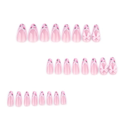 Image of NBNTGH Pink French Tip Glue On Nails, 24 Pcs Almond Shape, ABS Material, Full Cover, Glossy Finish, Strawberry Bow Pattern, Reusable, Summer Nails for Women, Home Manicure, 24 Fl Oz