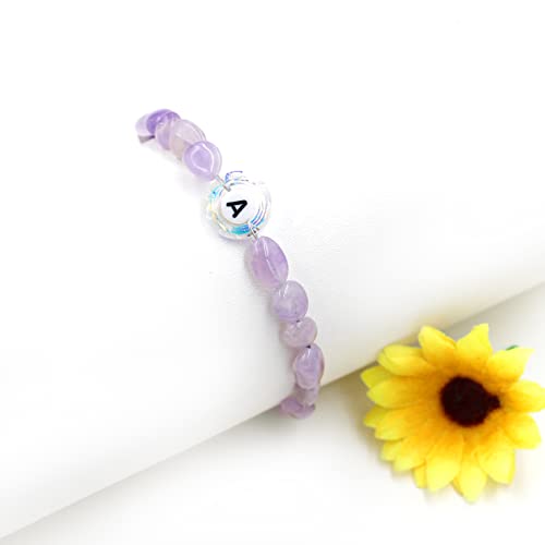 Image of Uloveido Purple Natural Stone and Austrian Crystal Letter Bracelet, Personalized Initial Jewelry for Women A-Z 26 Letters