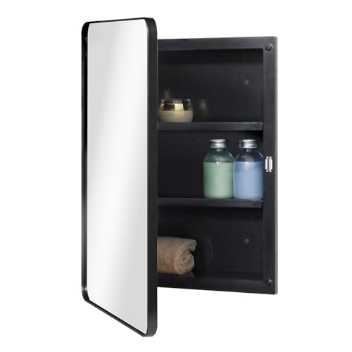 Fundin Kunststoff schwarz Badezimmer Schrank, poliert Edgd Spiegel Tür mit runden Cormer Metallrahmen, vertieft und Surface，Mount Badezimmer Spiegel Schrank, 16 x 22inch (40,6 x 55,9cm)