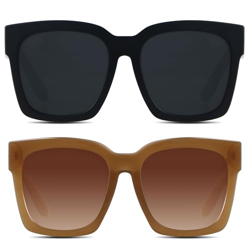 ANDWOOD Oversized Sunglasses for Women Big Large Square Wide Frame Shades Retro Trendy Fashion UV Protection 2 Pack Matte Black Brown Sun glasses