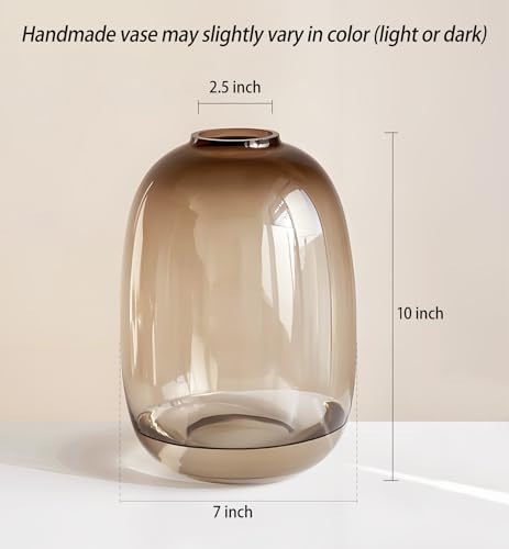 GeLive Brown Glass Vase Round Clear Colored Flower Vase for Centerpiece Long Stem Branch Fresh Artificial Plant Bottle Modern Home Indoor Decoration (Brown)