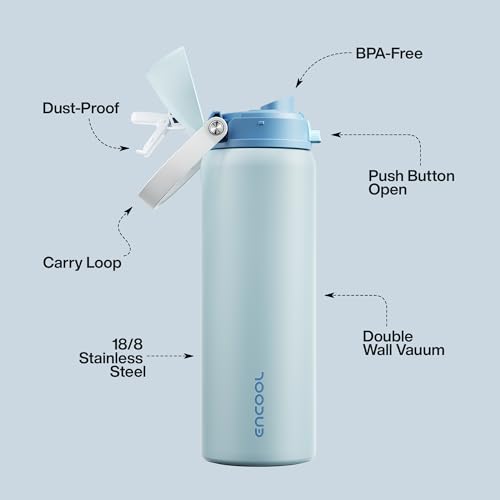 Image of Insulated Water Bottle with Straw - Encool Stainless Steel Water Bottle with Push Button Lid, Leak-Proof & BPA-Free, Keeps Cold for 24 Hours for Sports, Travel, Gym (32 oz, Jungle Mist)