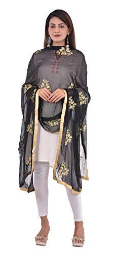 Image of Youthquake Golden Embroidered Work Chiffon Dupatta For Womens & Girls With 4 Side Gold Lace