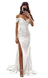 Wirunsy Women's Sequin Prom Dresses Long 2025 Sparkly Glitter Off The Shoulder Ball Gown with High Slit Mermaid Formal Evening Maxi Dress with Train 2025 Ivory Size US14